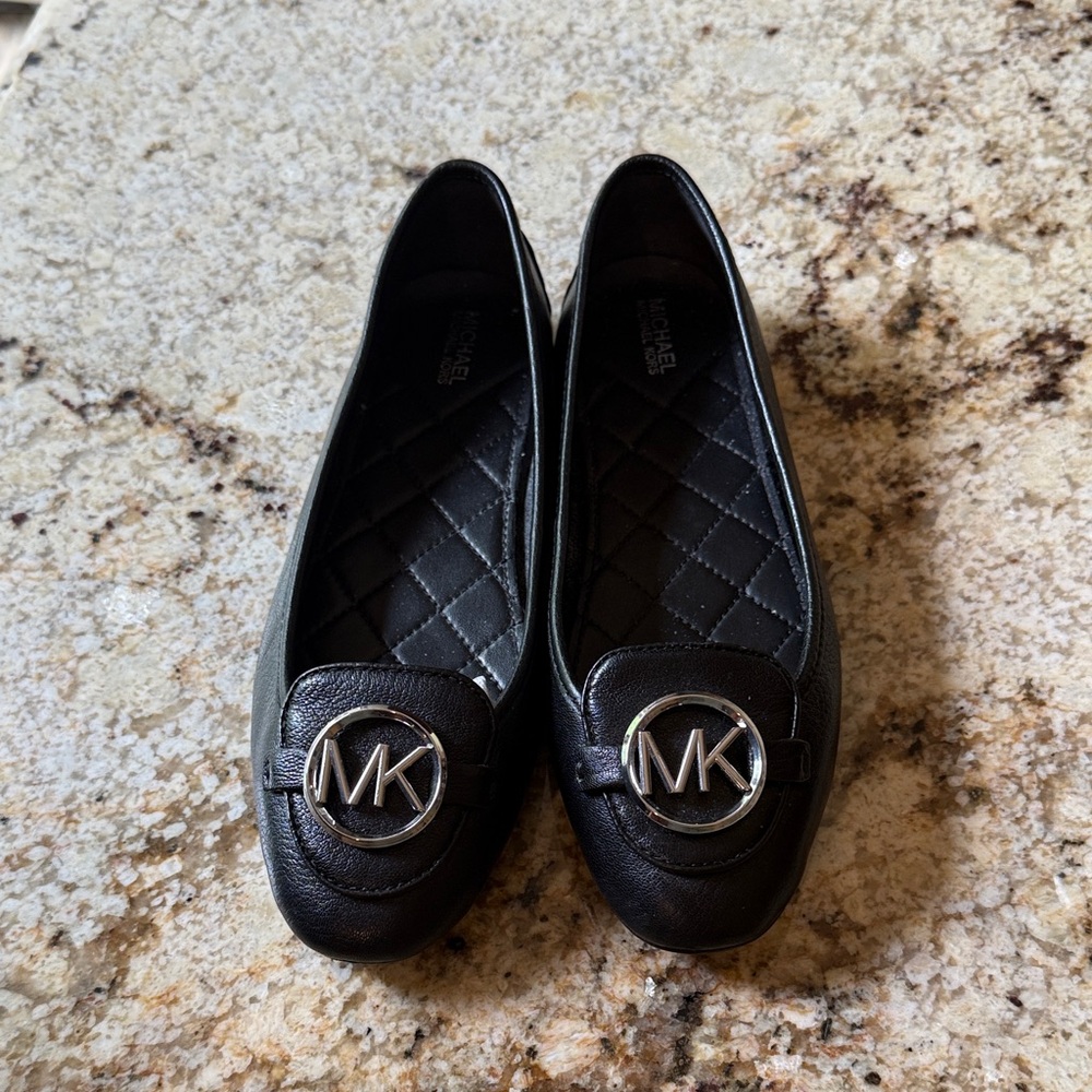 Michael Kors Black Quilted Leather MK Logo Loafers, NEW 8.0